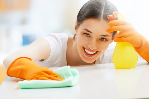 Professional cleaner handling reception and communal areas in Acton